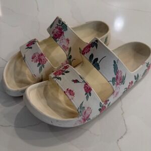 Old Navy Floral Double Strap Slide Sandals White Pink Rose Print Girls Size 3-4